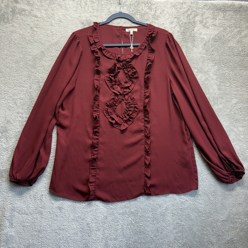 Max Studio‎ Top Womens XL Ruby Maroon Blouse Long Sleeve Crepe Ruffle Detail New